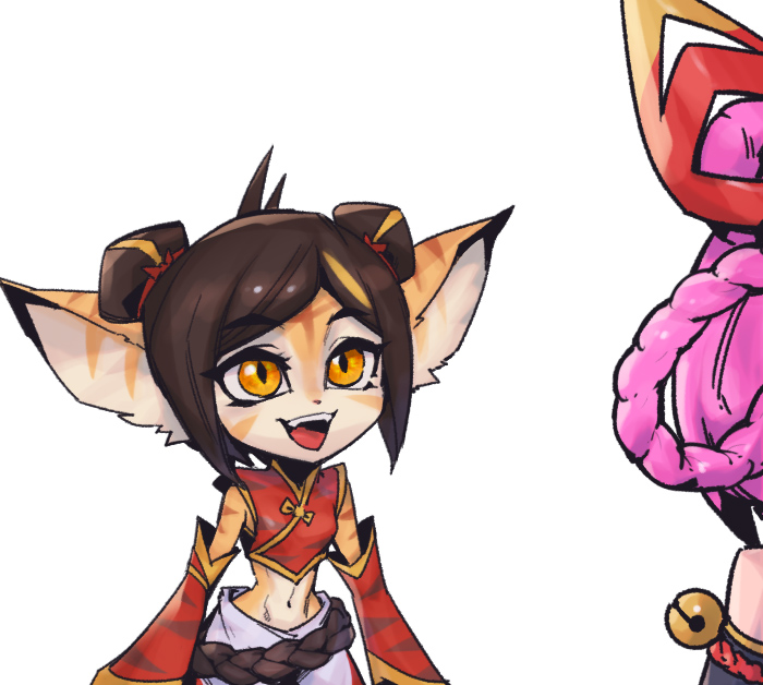 2girls, :d, animal_ears, bare_shoulders, belt, breasts, brown_belt, brown_hair, detached_sleeves, double_bun, fake_animal_ears, fangs, firecracker_tristana, hair_bun, league_of_legends, midriff, multiple_girls, mythmaker_zoe, navel, open_mouth, orange_eyes, phantom_cross, pink_hair, pointy_ears, red_sleeves, simple_background, small_breasts, smile, solo_focus, stomach, teeth, tristana, tristana_(league_of_legends), upper_teeth_only, white_background, yordle, zoe_(league_of_legends)