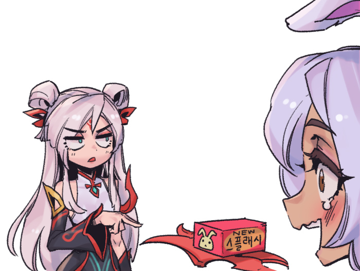 2girls, :d, animal_ears, animal_print, annoyed, bare_shoulders, black_sleeves, blush