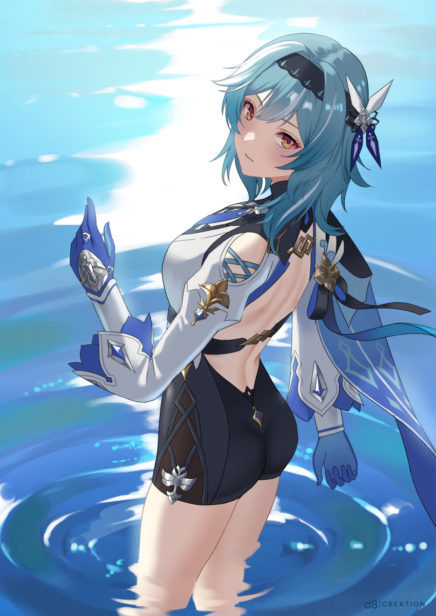 1girl, absurdres, ass, backless_outfit, black_headwear, blue_cape, blue_gloves, blue_hair