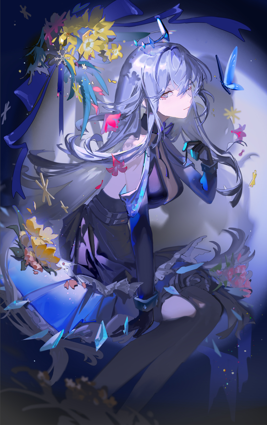 1girl, absurdres, black_dress, black_gloves, black_pantyhose, blue_hair, byuey, crown