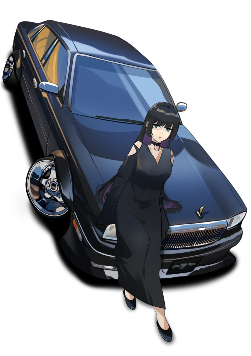 1girl, absurdres, black_choker, black_dress, black_footwear, black_hair, blunt_bangs, bocchi_the_rock!