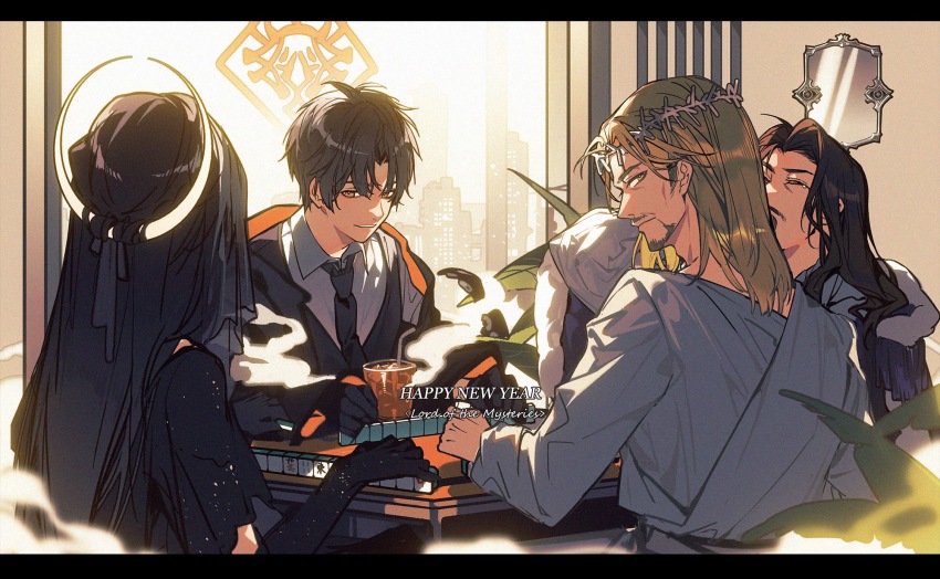 1girl, 3boys, adam_(lord_of_the_mysteries), arrodes_(lord_of_the_mysteries), beard, black_cloak, black_dress, black_gloves