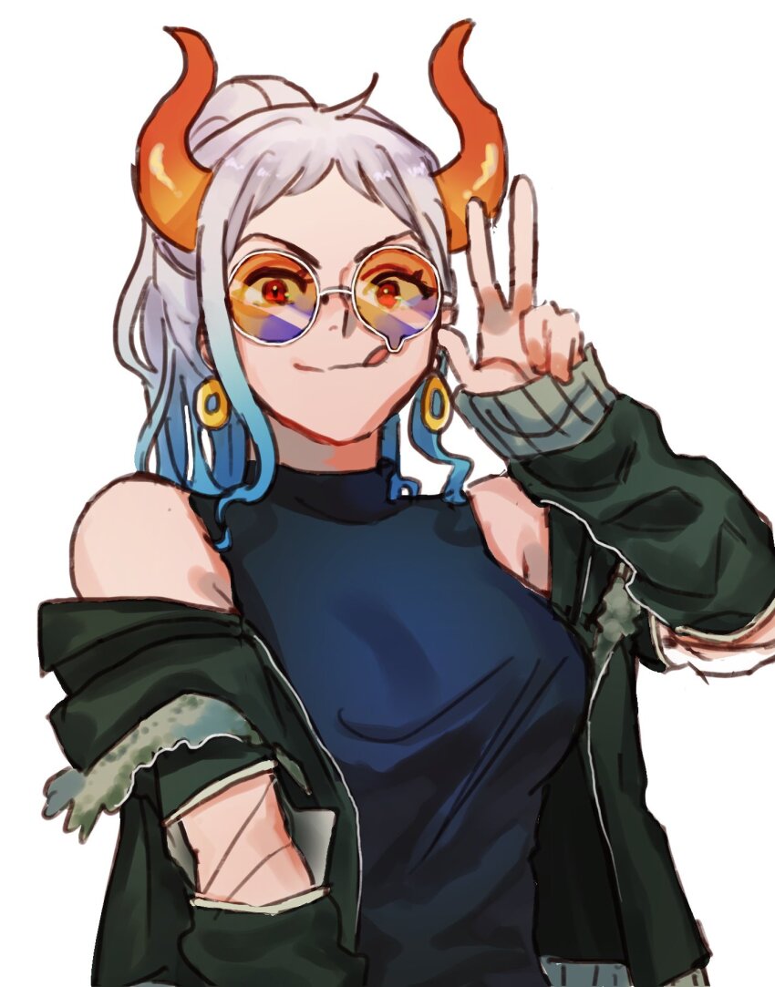 1girl, bare_shoulders, earrings, feichangkou, gradient_hair, green_jacket, high_ponytail, highres, horns, jacket, jewelry, long_hair, multicolored_hair, one_piece, oni_horns, orange-tinted_eyewear, ponytail, round_eyewear, shirt, short_ponytail, sidelocks, sleeveless, sleeveless_shirt, smile, solo_focus, tinted_eyewear, tongue, tongue_out, upper_body, v, white_background, white_hair, yamato_(one_piece)