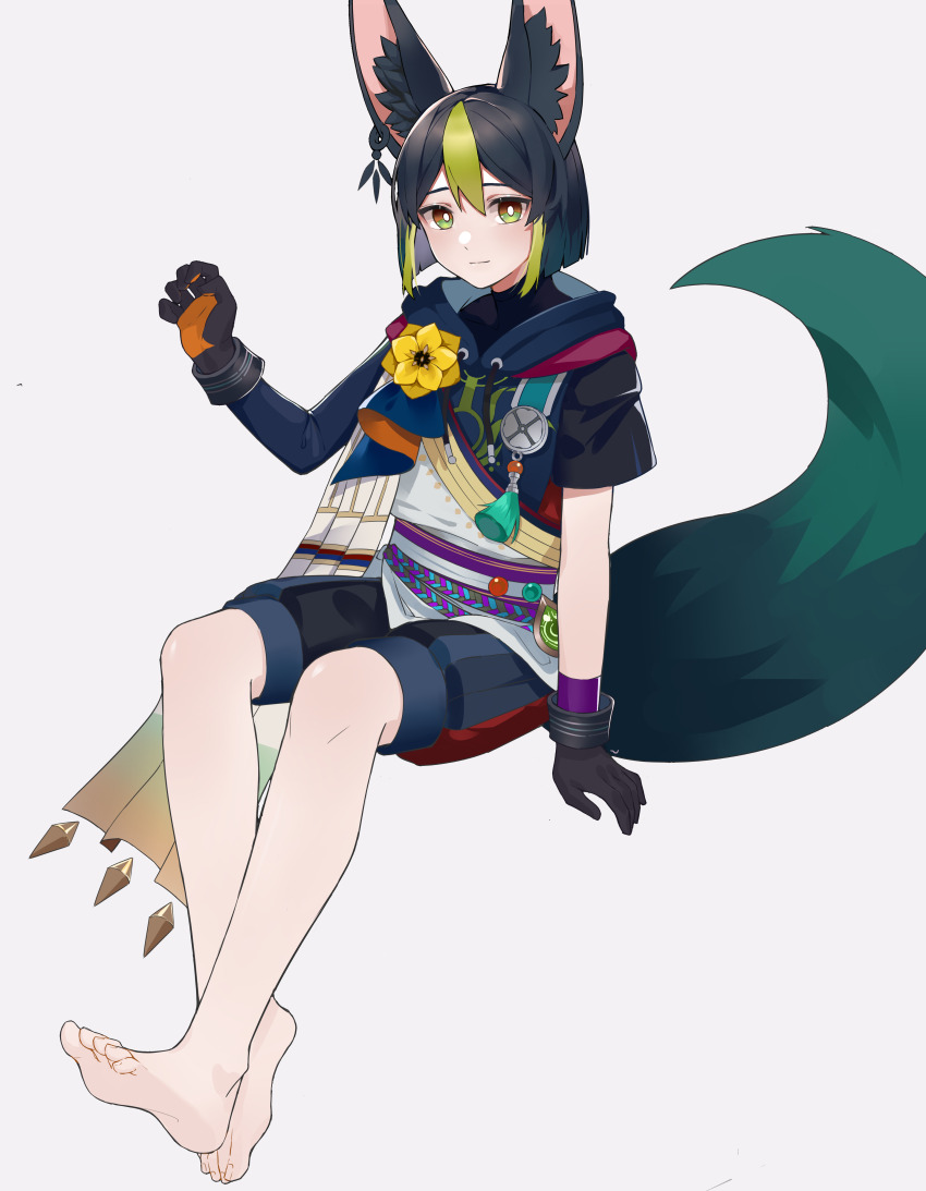 1boy, absurdres, animal_ear_fluff, animal_ears, asymmetrical_sleeves, axescr, bare_legs, barefoot