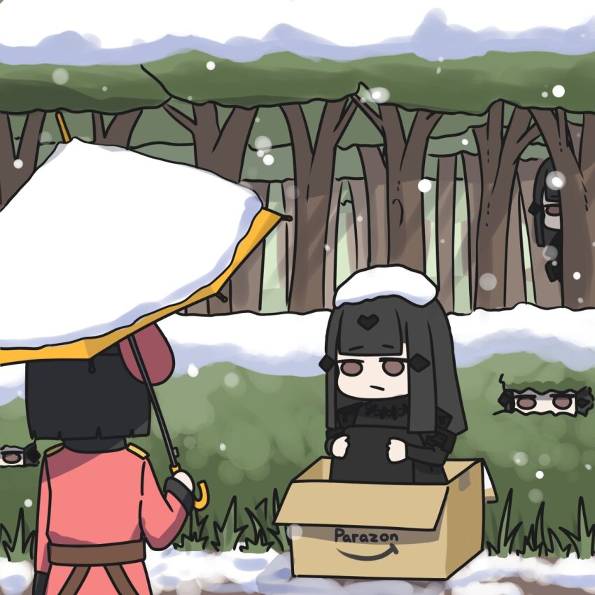 1other, 3girls, amazon_(company), ambiguous_gender, box, bush, cardboard_box, commander_(girls'_frontline)