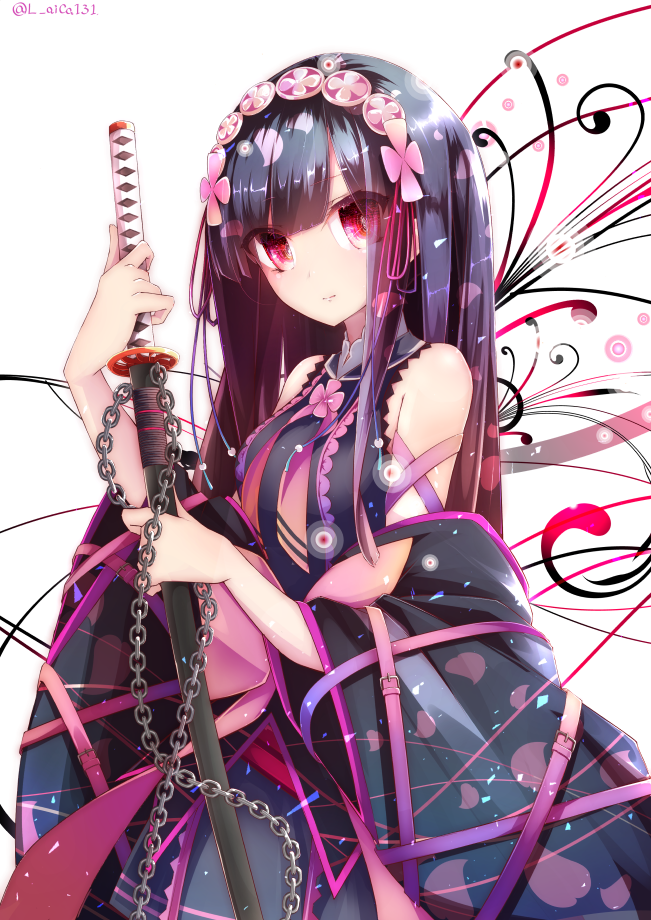 1girl, bare_shoulders, belt, black_dress, black_hair, bow, chain, detached_sleeves