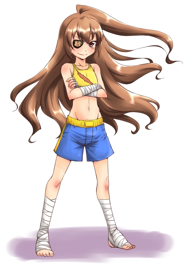 1girl, aisaka_taiga, ankle_wrap, bandages, barefoot, brown_eyes, brown_hair, capcom, cosplay, crossed_arms, eyepatch, female_focus, long_hair, midriff, nikyu, sagat, sagat_(cosplay), solo, sports_bra, street_fighter, street_fighter_ii_(series), toradora!, wrist_wrap