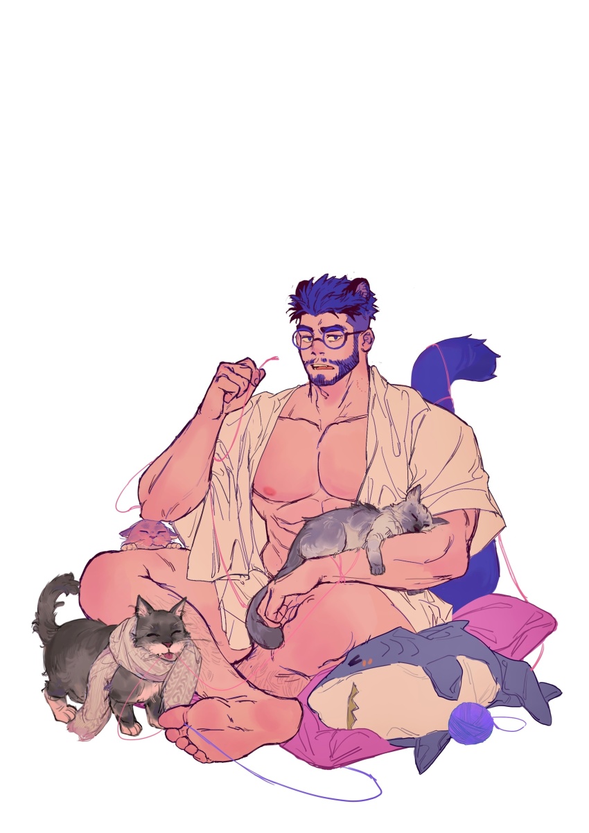 1boy, absurdres, animal, animal_ears, animal_on_lap, bara, bare_pectorals, beard