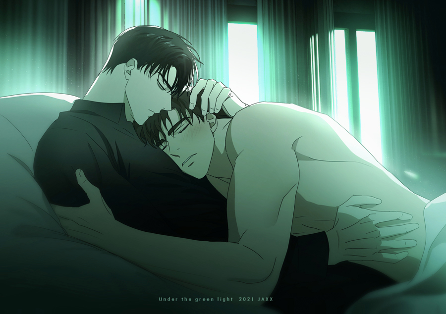 2boys, artist_name, bed_sheet, bedroom, black_hair, blush, brown_hair, closed_eyes