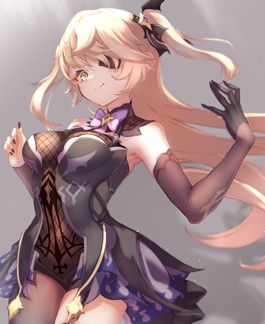 1girl, absurdres, alternate_breast_size, bare_shoulders, bat_ornament, black_ribbon, blonde_hair, blush, bodystocking, bow, bowtie, breasts, brown_sleeves, chuunibyou, collar, dress, eyepatch, fischl_(genshin_impact), fishnet_leotard, fishnet_top, fishnets, garter_straps, genshin_impact, gloves, green_eyes, hair_over_one_eye, hair_ribbon, highres, leotard, long_hair, medium_breasts, open_mouth, purple_bow, purple_bowtie, purple_ribbon, revision, ribbon, simple_background, single_glove, single_leg_pantyhose, single_sleeve, smile, solo, tailcoat, two_side_up, ymmt