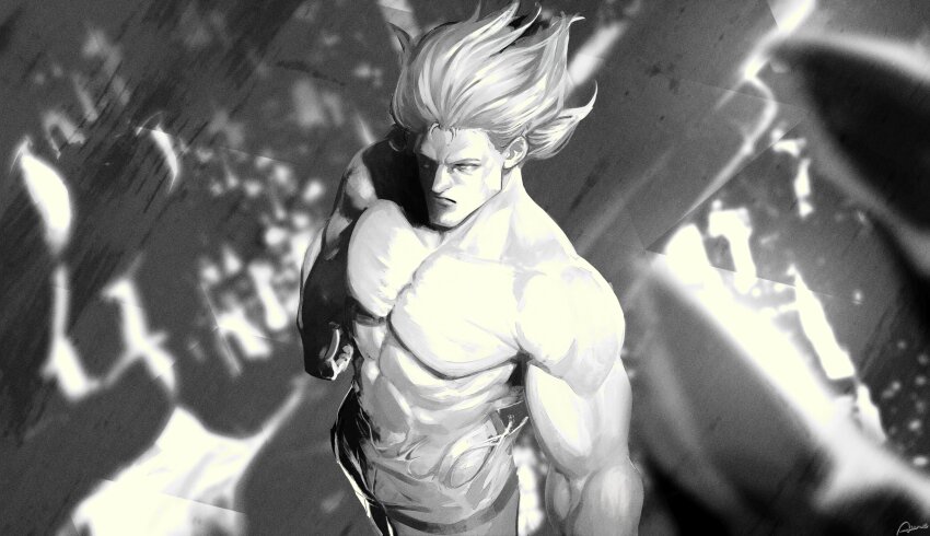 1boy, absurdres, ammenite, blurry, blurry_background, choujin_x, collarbone, floating_hair, greyscale, highres, hoshi_sandek_(choujin_x), looking_at_viewer, monochrome, muscular, muscular_male, short_hair, solo, torn_clothes