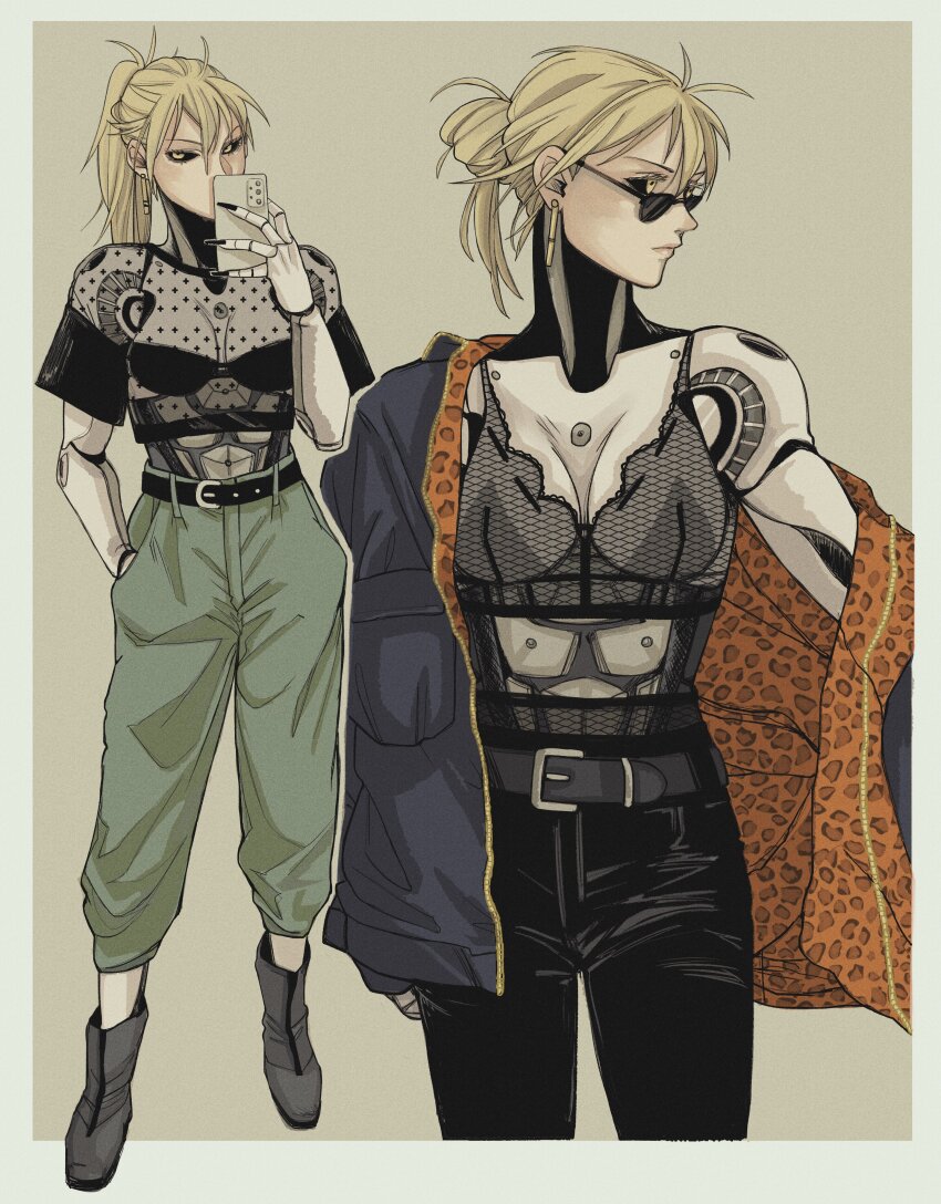 1girl, absurdres, animal_print, black_pants, black_sclera, blonde_hair, breasts, colored_sclera, covered_mouth, crop_top, cyborg, earrings, florbetriz, genderswap, genderswap_(mtf), genos, hair_bun, hand_in_pocket, highres, holding, holding_phone, jewelry, leopard_print, looking_at_viewer, looking_to_the_side, mechanical_arms, mechabare, off_shoulder, one-punch_man, pants, phone, see-through_clothes, see-through_shirt, shirt, short_hair, side_ponytail, sideways_glance, single_hair_bun, small_breasts, sunglasses, tassel, tassel_earrings, yellow_eyes