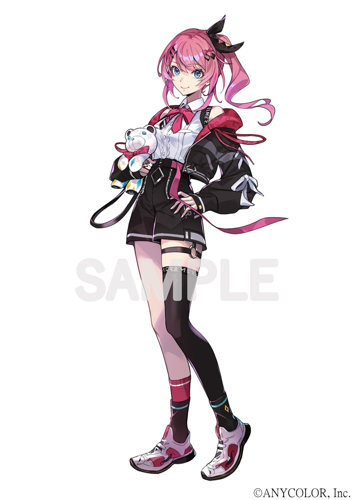 1girl, asymmetrical_legwear, black_jacket, black_shorts, blue_eyes, closed_mouth, full_body, hair_ornament, hairclip, hand_on_own_hip, high-waist_shorts, holding, holding_stuffed_toy, jacket, kuramochi_meruto, kuramochi_meruto_(1st_costume), layered_legwear, long_sleeves, looking_at_viewer, lune_(kuramochi_meruto), nijisanji, o-ring, o-ring_thigh_strap, one_side_up, open_clothes, open_jacket, pink_hair, pokimari, sample_watermark, shirt, shoes, short_shorts, shorts, simple_background, single_sock, single_thighhigh, smile, socks, solo, standing, stuffed_animal, stuffed_toy, teddy_bear, thigh_strap, thighhighs, uneven_legwear, virtual_youtuber, watermark, white_background, white_shirt, white_shoes