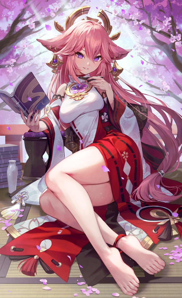 1girl, animal_ears, bare_legs, bare_shoulders, barefoot, book, book_stack, breasts, cherry_blossoms, crop_top, cup, detached_sleeves, earrings, falling_petals, feet, floppy_ears, flower, fox_ears, genshin_impact, hair_between_eyes, hair_ornament, hand_rest, highres, holding, holding_book, holding_cup, japanese_clothes, jewelry, kuze_kaname, long_hair, long_sleeves, low-tied_long_hair, medium_breasts, nontraditional_miko, open_book, parted_lips, petals, pink_flower, pink_hair, red_skirt, ribbon_trim, sakazuki, shirt, sidelocks, sitting, skirt, sleeveless, sleeveless_shirt, sleeveless_turtleneck, smile, solo, tassel, tatami, thighs, toes, tokkuri, tree, turtleneck, very_long_hair, white_shirt, wide_sleeves, yae_miko