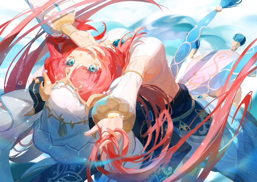 1girl, a_ji, absurdres, aqua_eyes, arm_up, blue_gem, blue_skirt, bracer