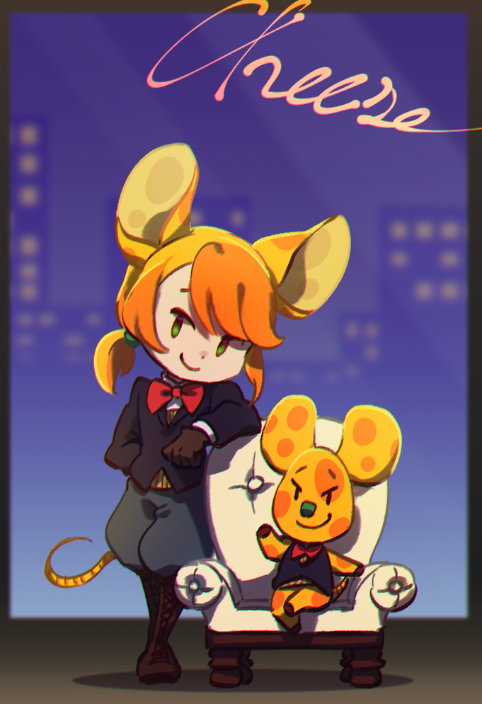 2boys, animal_crossing, animal_ears, blonde_hair, boots, brown_footwear, brown_gloves, building, chadder_(animal_crossing), chair, character_name, chromatic_aberration, closed_mouth, dual_persona, furry, humanoid_and_humanization, furry_male, gloves, grey_pants, jacket, kneehighs, lace-up_boots, long_sleeves, mouse_(animal), mouse_boy, mouse_ears, mouse_tail, multicolored_hair, multiple_boys, nintendo, orange_hair, orange_vest, pants, personification, ponytail, purple_jacket, shadow, shirt, short_hair, short_ponytail, sitting, skyscraper, smile, socks, tail, two-tone_hair, ukata, vest, white_shirt, yellow_tail
