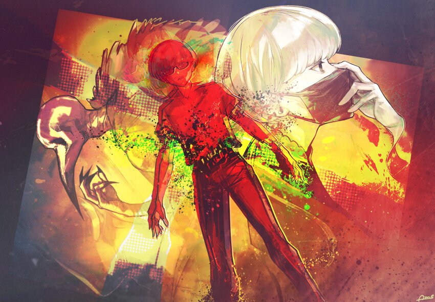 1girl, 2boys, absurdres, ammenite, bandaged_arm, bandages, beak, bestial_choujin