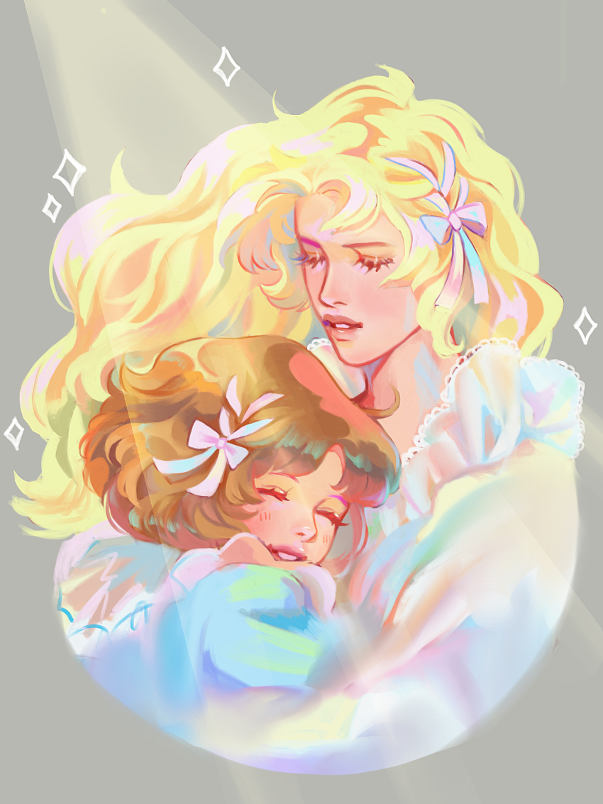 2girls, androgynous, asaka_rei, blonde_hair, brown_hair, closed_eyes, dress_shirt, faux_traditional_media, floating_hair, grey_background, hair_ribbon, happy, height_difference, highres, lips, long_hair, misonoo_nanako, multiple_girls, oniisama_e..., parted_bangs, parted_lips, pink_ribbon, pupe_(sennbee1027), ribbon, shirt, short_hair, smile, sunlight