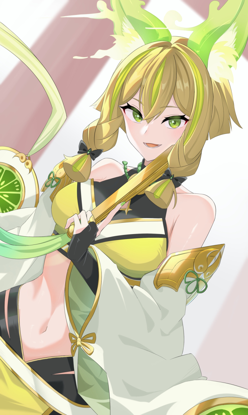 1girl, animal_ears, bare_shoulders, blonde_hair, bridal_gauntlets, crop_top, detached_sleeves, duel_monster