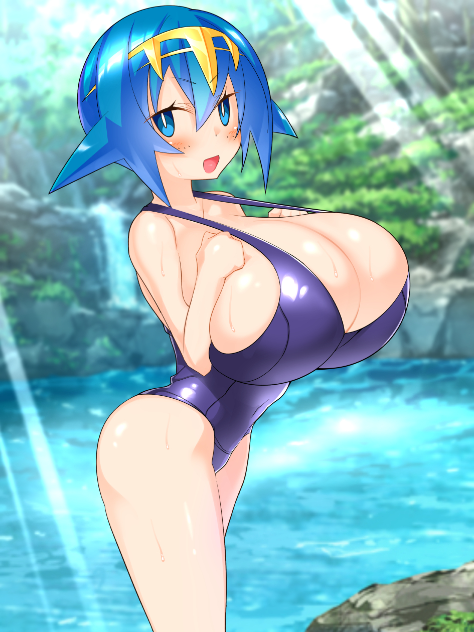 alternate_breast_size, blue_eyes, blue_hair, blush, breast_suppress, breasts, cleavage_cutout, clothing_cutout, cowboy_shot, freckles, hairband, highres, huge_breasts, lana_(pokemon), looking_at_viewer, makarou, nintendo, one-piece_swimsuit, open_mouth, oppai_loli, outdoors, pokemon, pokemon_sun_and_moon, pond, strap_gap, swimsuit, wet