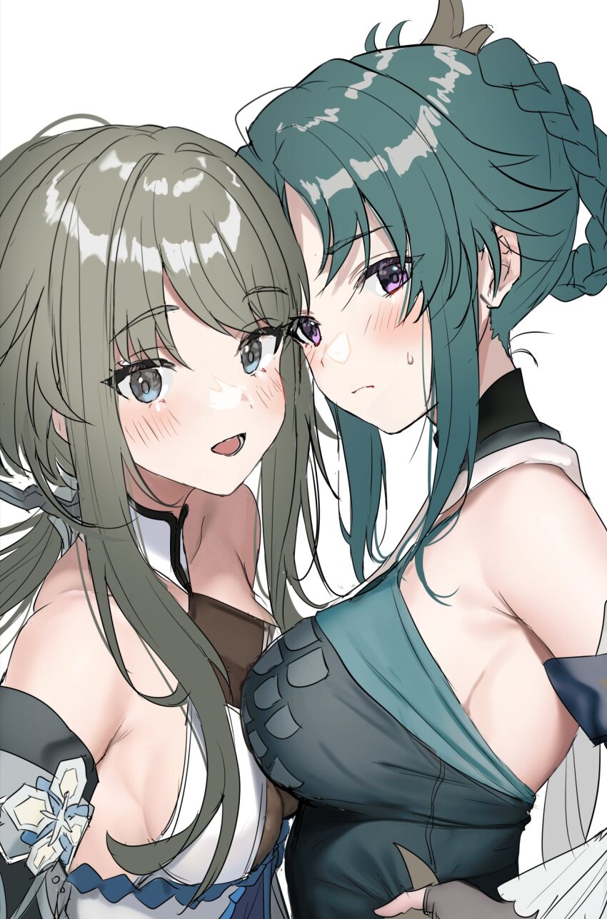2girls, asymmetrical_docking, bare_shoulders, blush, braid, braided_hair_rings, breast_press, breasts