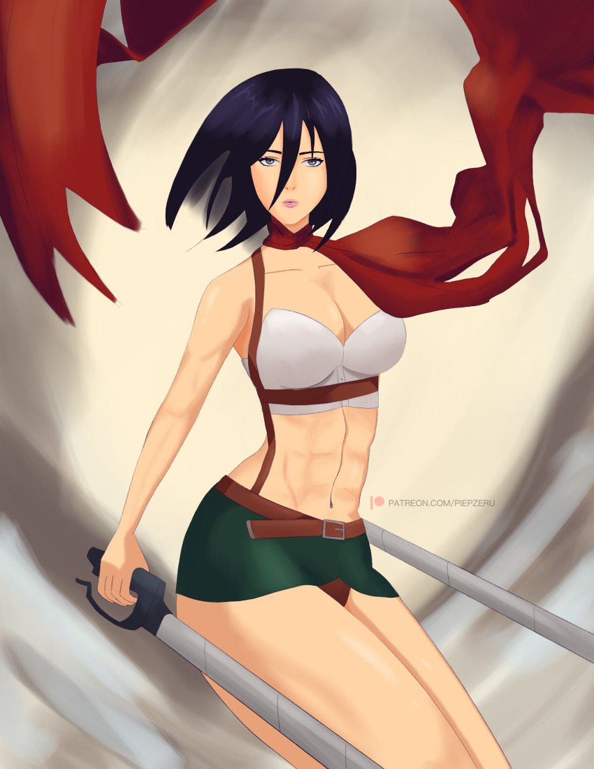 1girl, absurdres, attackontitan, breasts, cleavage, floating_scarf, highres, large_breasts, mikasaackerman, musclegirl, muscular, paid_reward_available, patreon, piepzeru, scarf, shingekinokyojin, solo, sword, teasing, thighs, weapon