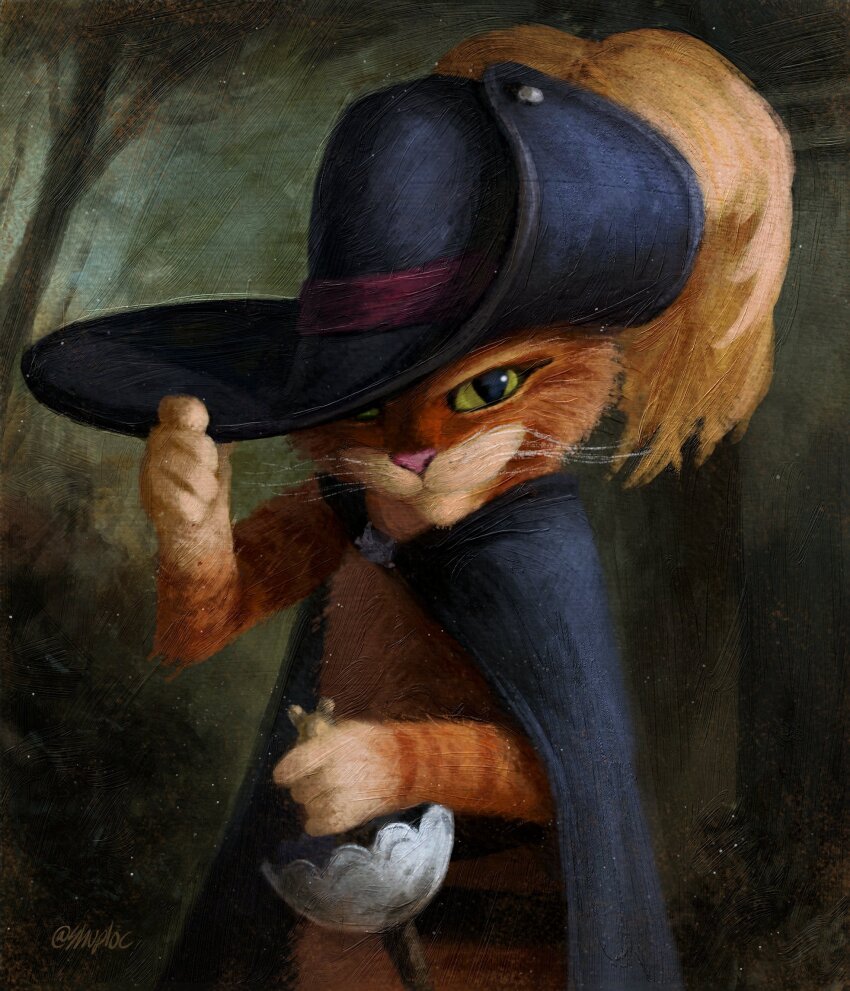 1boy, animal_nose, arm_up, black_cape, cape, cat, cat_boy, cavalier_hat, closed_mouth, feathers, furry, furry_male, green_eyes, hat, hat_feather, highres, holding, holding_sword, holding_weapon, looking_at_viewer, male_focus, orange_cat, orange_fur, puss_in_boots:_the_last_wish, puss_in_boots_(shrek), shrek_(series), shuploc, solo, standing, sword, weapon, yellow_feathers