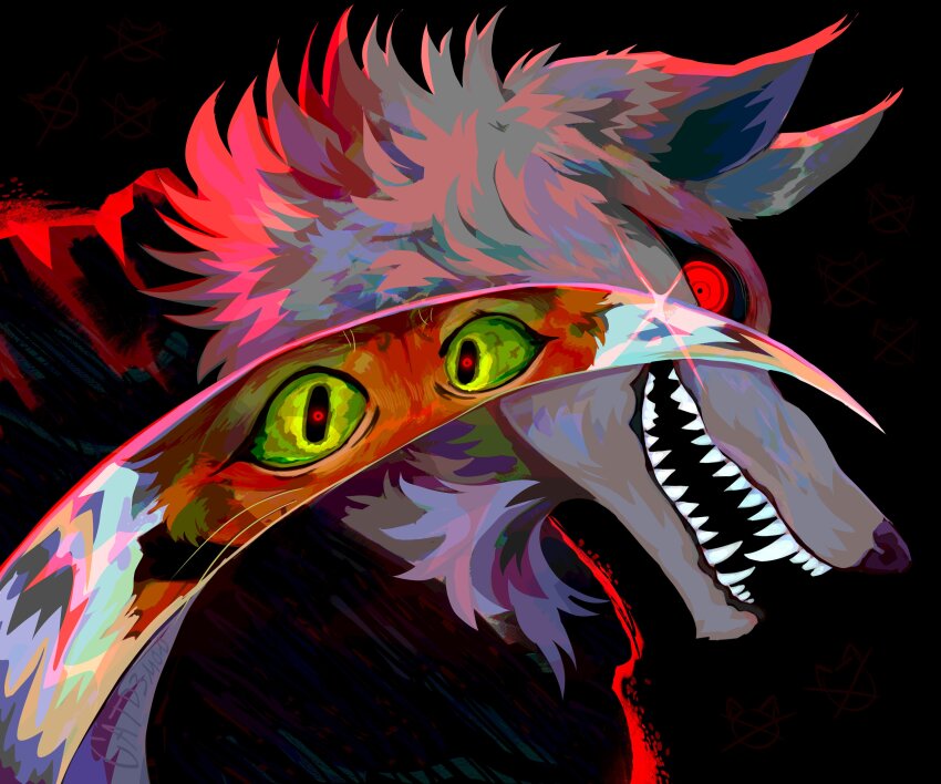 2boys, absurdres, cat, catd3mon, death_(puss_in_boots), dual_wielding, fangs, furry, furry_male, green_eyes, highres, holding, multiple_boys, open_mouth, puss_in_boots:_the_last_wish, puss_in_boots_(shrek), red_eyes, reflection, shrek_(series), sickle, signature, simple_background, smile, wolf