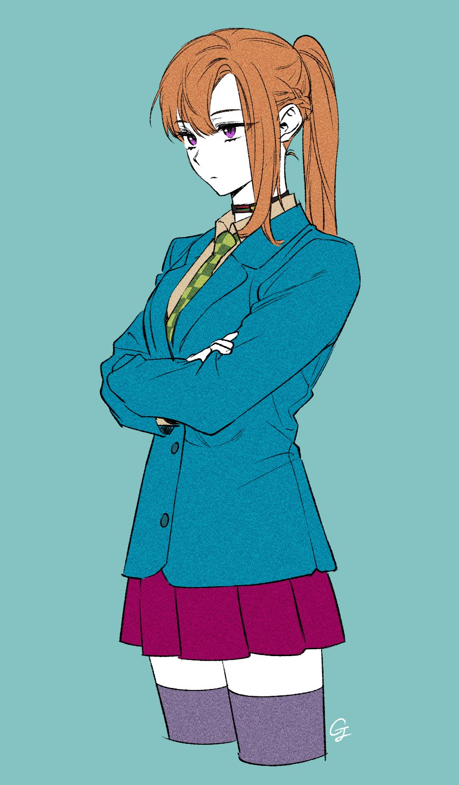 1girl, blue_jacket, braid, buttons, checkered_necktie, chidouin_sara, choker, closed_mouth