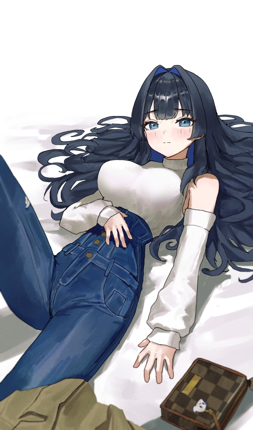 1girl, absurdres, arch_05x, bag, bare_shoulders, black_hair, blue_hair, blunt_bangs, blush, boros_(ouro_kronii), breasts, closed_mouth, clothing_cutout, coat, unworn_coat, colored_inner_hair, denim, hair_intakes, halo, handbag, high-waist_pants, highres, hime_cut, hololive, hololive_english, jeans, large_breasts, long_hair, long_sleeves, looking_at_viewer, lying, multicolored_hair, official_alternate_costume, on_back, ouro_kronii, ouro_kronii_(casual), pants, shirt, shirt_tucked_in, shoulder_cutout, solo, virtual_youtuber, white_shirt