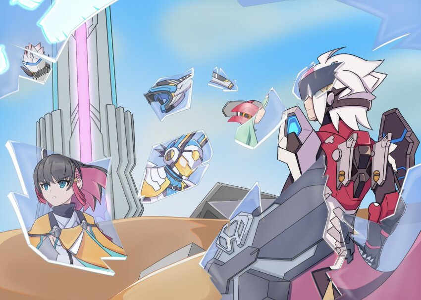 acura_(gunvolt), armor, azure_striker_gunvolt, azure_striker_gunvolt_3, blaster_master_zero, broken_glass, desert, glass