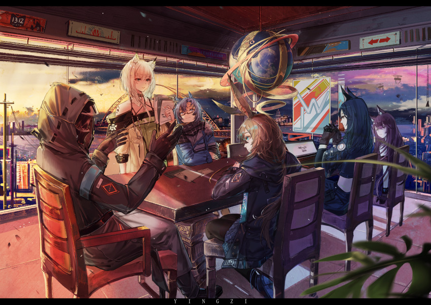 1other, 5girls, ambiguous_gender, amiya_(arknights), animal_ear_fluff, animal_ears, arknights, artist_name