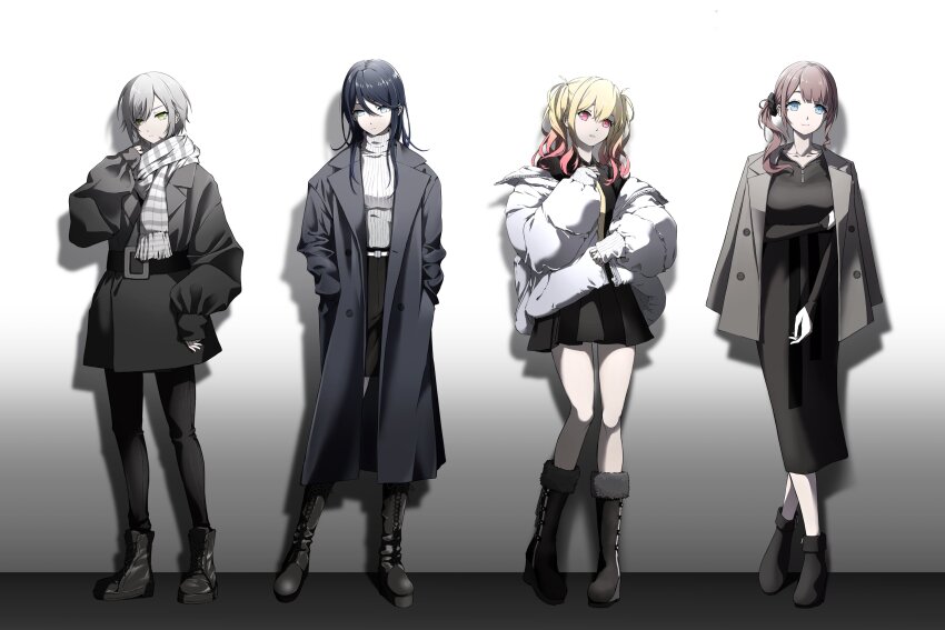 4girls, absurdres, alternate_costume, belt, black_belt, black_dress, black_footwear, black_jacket