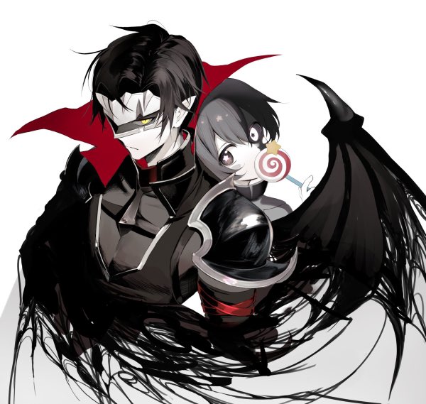 2boys, armor, black_armor, black_cape, black_eyes, black_hair, black_sclera, candy