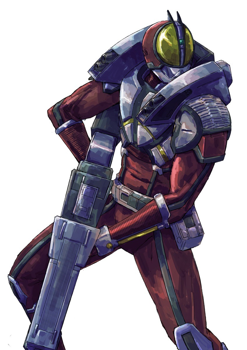 1boy, adi_(adivider), armor, bodysuit, breastplate, chest_armor, dorsal_fin, faiz_blaster