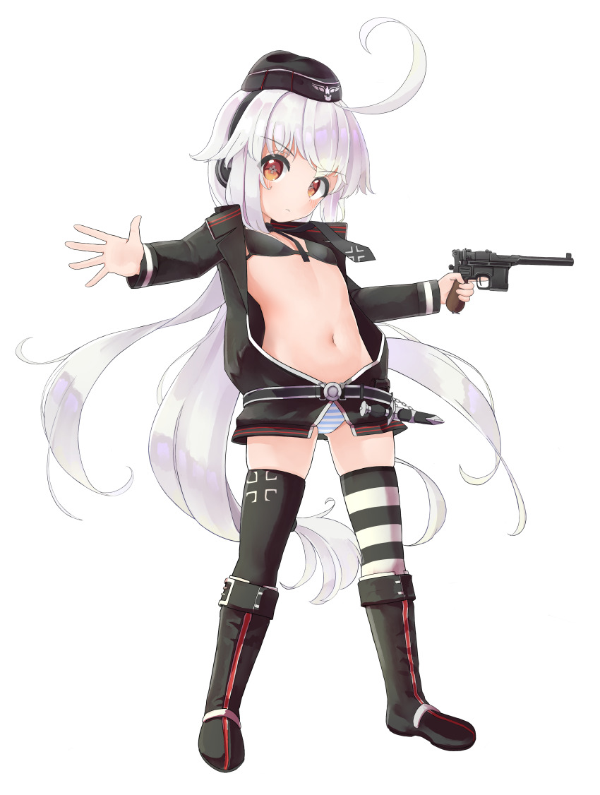 1girl, absurdres, ahoge, asymmetrical_legwear, belly, boots, bra, breasts, c96_(girls'_frontline), closed_mouth, commission, cross, dagger, dhk117, garrison_cap, girls'_frontline, gun, handgun, hat, headphones, highres, holding, holding_weapon, iron_cross, jacket, knife, loli, long_hair, long_sleeves, looking_at_viewer, mauser_c96, mismatched_legwear, navel, necktie, open_clothes, orange_eyes, outstretched_hand, panties, pantyshot, sheath, sheathed, skindentation, small_breasts, solo, striped_clothes, striped_panties, striped_thighhighs, thighhighs, transparent_background, trigger_discipline, underwear, very_long_hair, weapon, white_hair