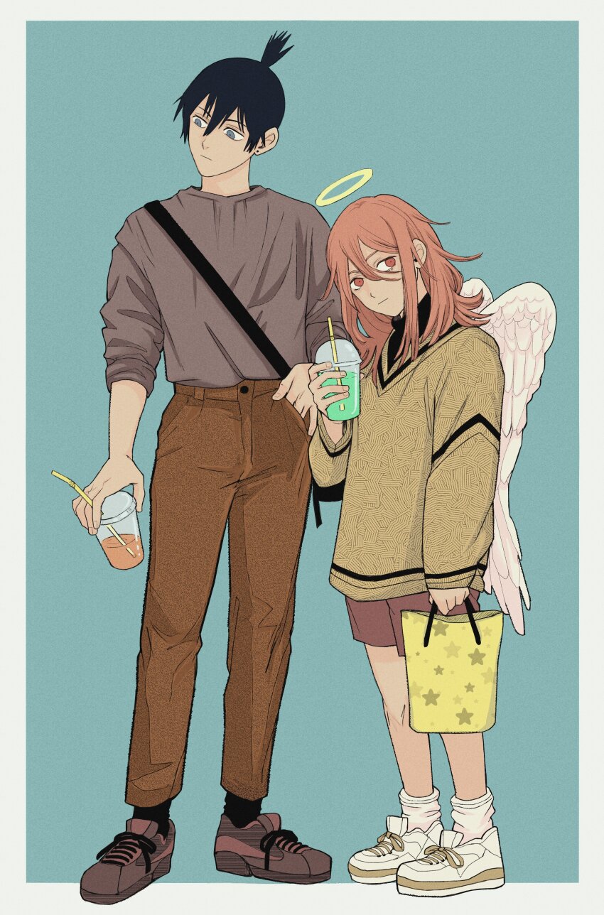 2boys, absurdres, angel, angel_devil_(chainsaw_man), angel_wings, black_hair, blue_eyes, brown_eyes