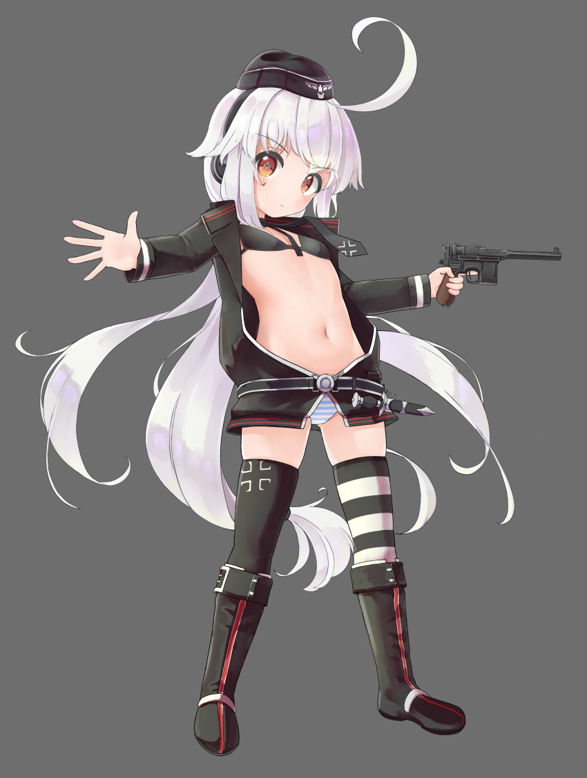 1girl, absurdres, ahoge, asymmetrical_legwear, belly, boots, bra, breasts, c96_(girls'_frontline), closed_mouth, commission, cross, dagger, dhk117, garrison_cap, girls'_frontline, grey_background, gun, handgun, hat, headphones, highres, holding, holding_weapon, iron_cross, jacket, knife, loli, long_hair, long_sleeves, looking_at_viewer, mauser_c96, mismatched_legwear, navel, necktie, non-web_source, open_clothes, orange_eyes, outstretched_hand, panties, pantyshot, sheath, sheathed, skindentation, small_breasts, solo, striped_clothes, striped_panties, striped_thighhighs, thighhighs, trigger_discipline, underwear, very_long_hair, weapon, white_hair