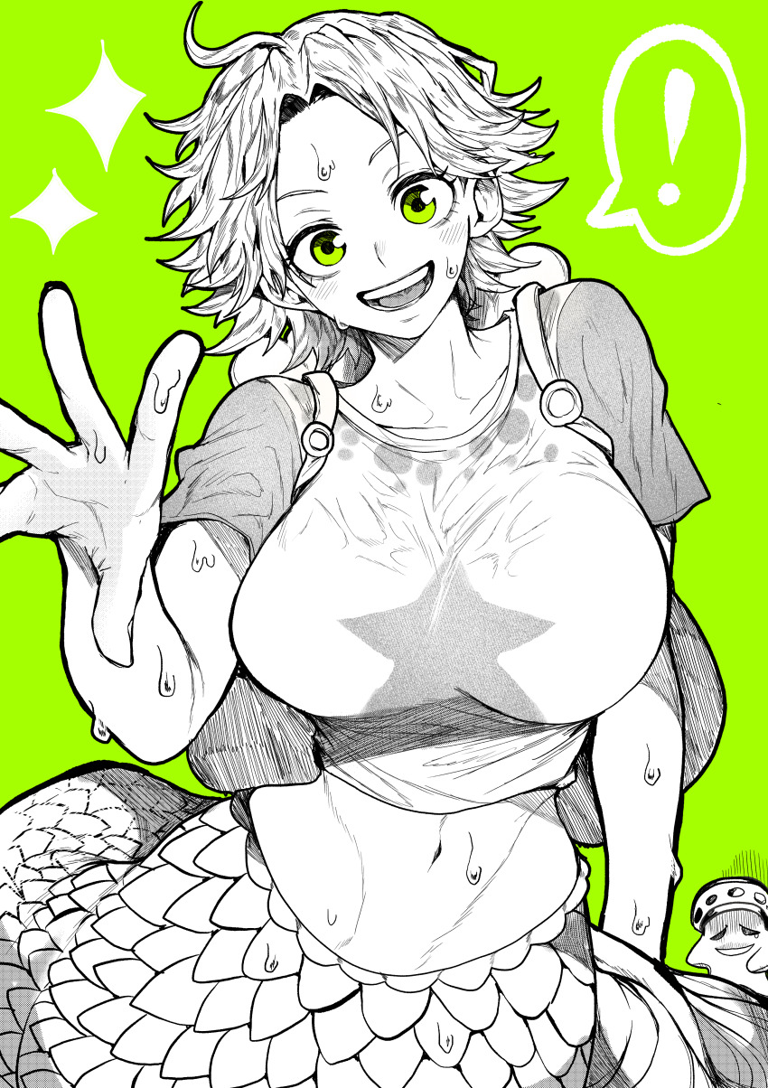 !, 1boy, 1girl, :d, absurdres, backpack, bag, blush, breasts, camie_(one_piece), collarbone, commentary, crop_top, cropped_shirt, feet_out_of_frame, gloom_(expression), green_background, green_eyes, greyscale_with_colored_background, highres, large_breasts, looking_at_viewer, mermaid, monster_girl, navel, one_piece, open_mouth, outstretched_arm, pappug, parted_bangs, reaching, reaching_towards_viewer, scales, shirt, short_hair, short_sleeves, simple_background, smile, solo_focus, sparkle, spoken_exclamation_mark, spot_color, star_(symbol), starfish, stomach, t-shirt, wet, wet_clothes, wet_shirt, yotsumi_shiro