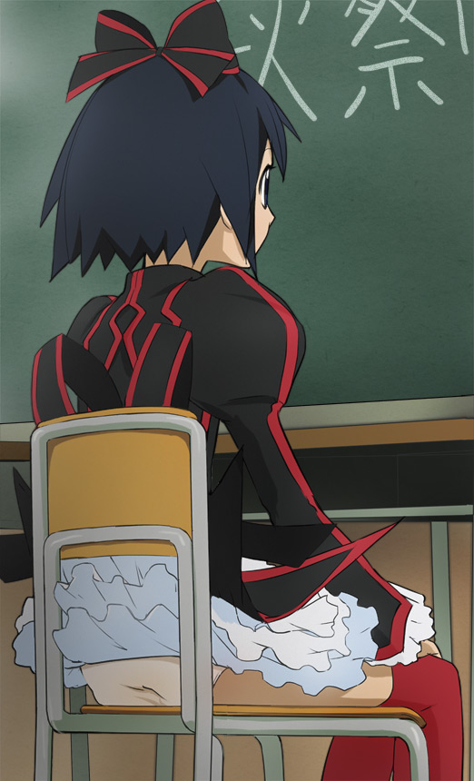 1girl, ass, black_hair, chalkboard, dress, frilled_skirt, frilled_sleeves, frills