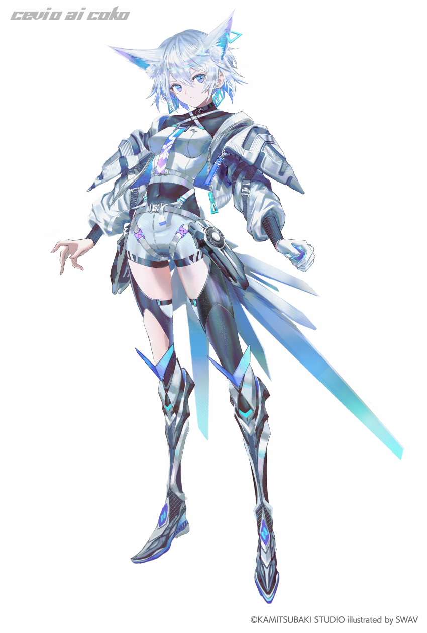 1girl, absurdres, animal_ears, black_thighhighs, blue_eyes, boots, breasts, cevio