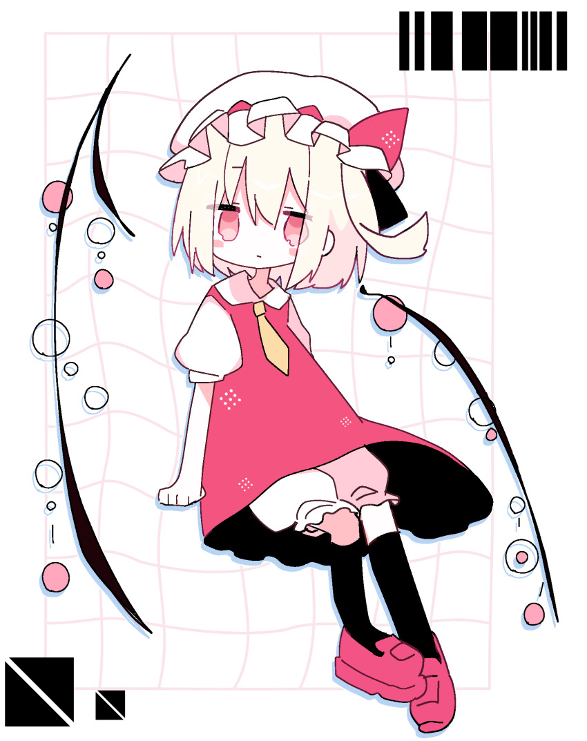 1girl, barcode, black_socks, blonde_hair, bloomers, blush_stickers, commentary, dress