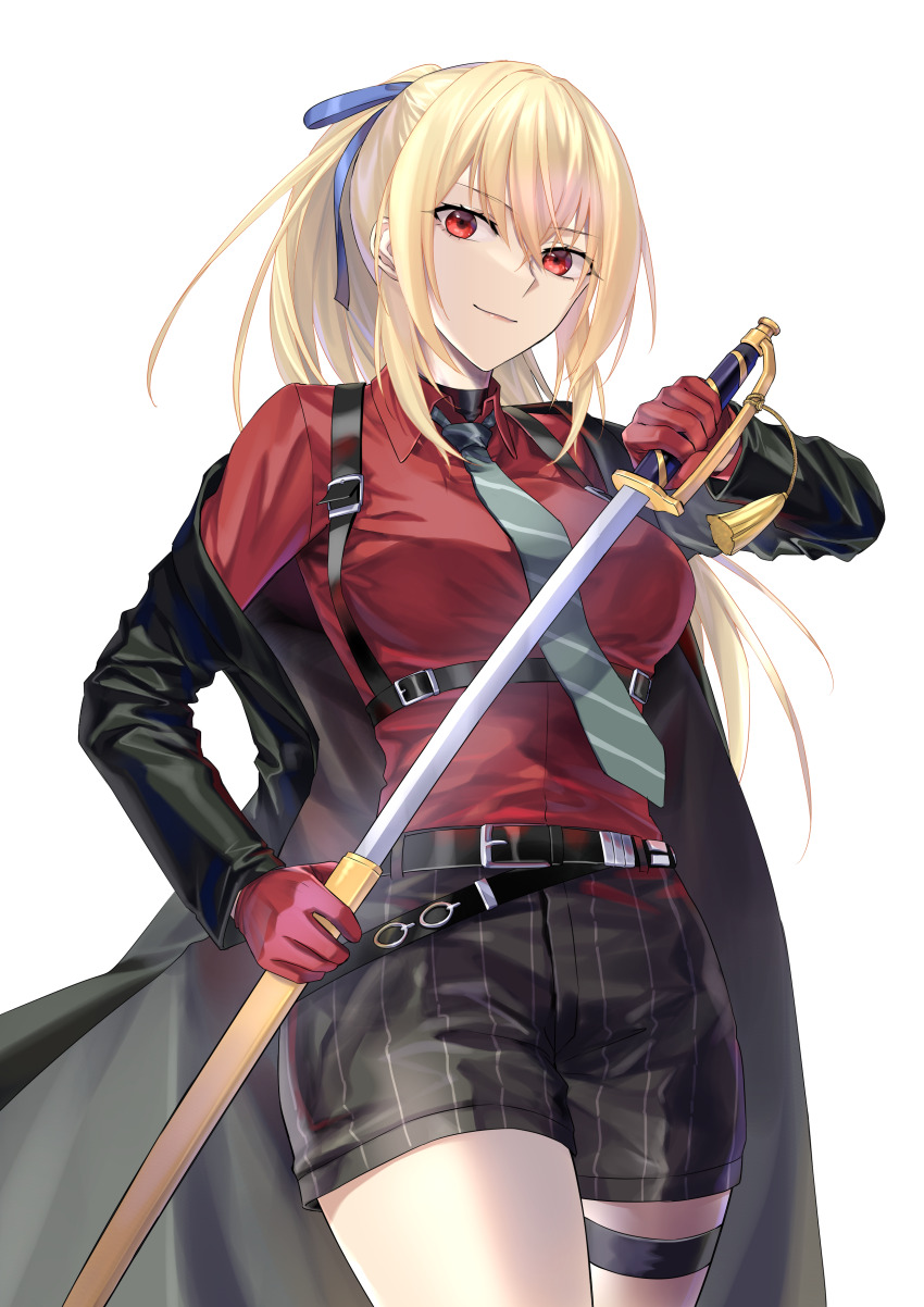 absurdres, arknights, azur_lane, belt, black_belt, black_coat, blonde_hair, blue_ribbon