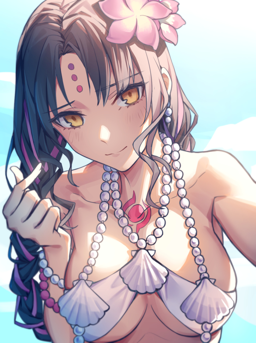 1girl, bikini, black_hair, blue_sky, bracelet, braid, breasts, chest_tattoo, closed_mouth, commentary, day, earrings, facial_mark, fate/grand_order, fate_(series), finger_heart, flower, forehead_mark, forehead_tattoo, hair_flower, hair_ornament, hand_up, highres, jewelry, large_breasts, light_blush, long_hair, looking_at_viewer, multicolored_hair, necklace, outdoors, parted_bangs, pearl_bracelet, pearl_earrings, pearl_necklace, pink_flower, pink_hair, seashell, sessyoin_kiara, sessyoin_kiara_(swimsuit_mooncancer)_(first_ascension), shell, shell_necklace, sky, solo, streaked_hair, swimsuit, untranslatable_commentary, tattoo, twin_braids, upper_body, white_bikini, yangsan_(2991076090), yellow_eyes