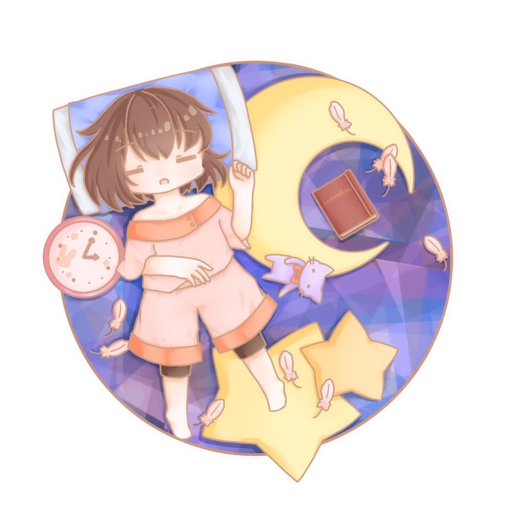 1girl, baggy_shorts, barefoot, book, brown_hair, clock-shaped_pillow, coto_mugi, feathers, moon-shaped_pillow, outside_border, outstretched_leg, pajamas, pillow, purple_background, round_border, short_hair, shorts, sleeping, sleepwear, star-shaped_pillow, stuffed_animal, stuffed_cat, stuffed_toy, touhou, usami_renko