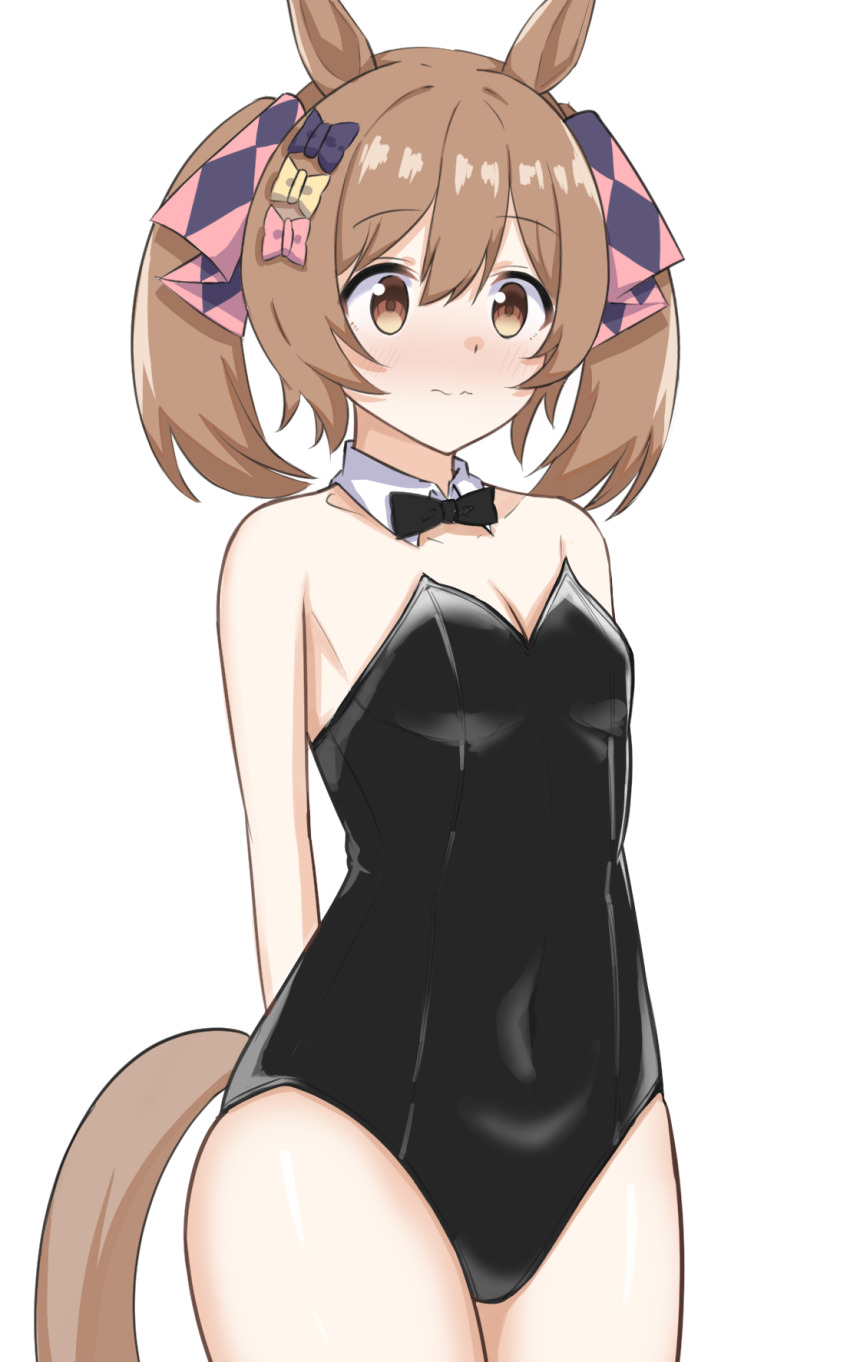 1girl, alternate_costume, animal_ears, blush, breasts, brown_eyes, brown_hair, cleavage