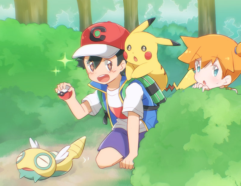 1boy, 1girl, ash_ketchum, back, bag, bare_arms, baseball_cap, black_hair