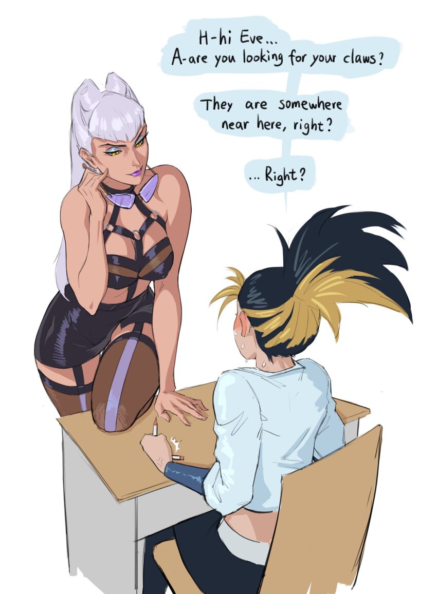 2girls, akali, black_garter_straps, black_hair, black_skirt, blonde_hair, blush, breasts, broken_pencil, brown_thighhighs, chair, commentary, desk, ear_blush, english_commentary, english_text, evelynn_(league_of_legends), eyeshadow, garter_straps, grey_eyeshadow, grey_hair, hair_horns, halterneck, high_ponytail, highres, k/da_(league_of_legends), k/da_all_out_akali, k/da_all_out_evelynn, large_breasts, league_of_legends, leg_up, lipstick, long_hair, looking_at_another, makeup, miniskirt, multicolored_hair, multiple_girls, nervous_sweating, nose_blush, o-ring, o-ring_top, pencil_skirt, ponytail, purple-tinted_eyewear, purple_lips, removing_eyewear, revealing_clothes, sitting, skirt, speech_bubble, sunglasses, sweat, teecee_zhang, the_baddest_akali, the_baddest_evelynn, thighhighs, thighs, tinted_eyewear, two-tone_hair, yellow_eyes, you_gonna_get_raped, yuri, zettai_ryouiki