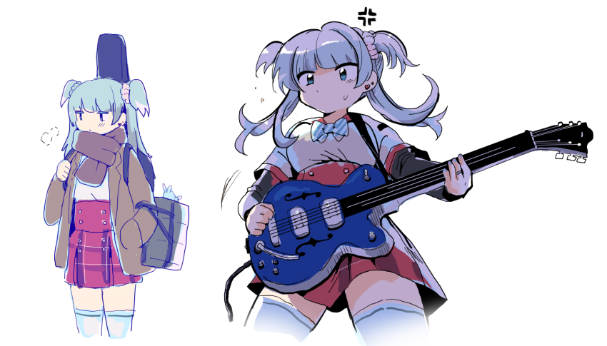 1girl, anger_vein, black_sleeves, blue_hair, breast_pocket, closed_mouth, earrings, electric_guitar