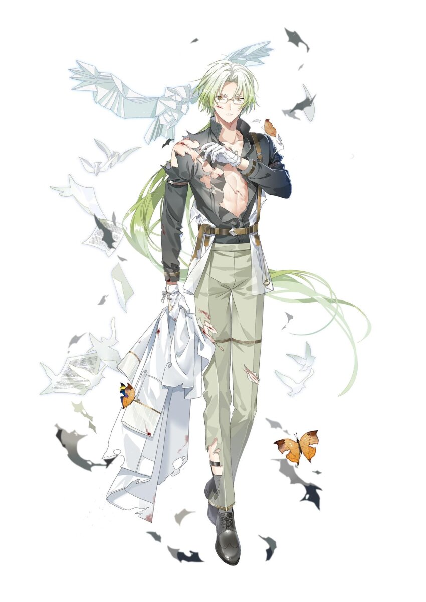 1boy, abs, autumn_leaves, belt, bird, black_shirt, black_shoes, blood